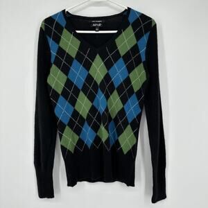 APT 9 Sweater Womens Small Black Blue Green Argyle 100% Cashmere Pullover V Neck